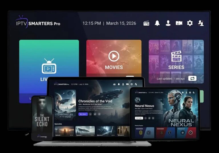 Application IPTV Smarters Pro affichée sur Smart TV, ordinateur portable, tablette et smartphone