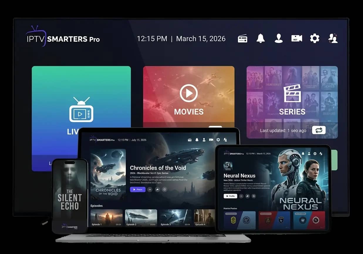 Application IPTV Smarters Pro affichée sur Smart TV, ordinateur portable, tablette et smartphone